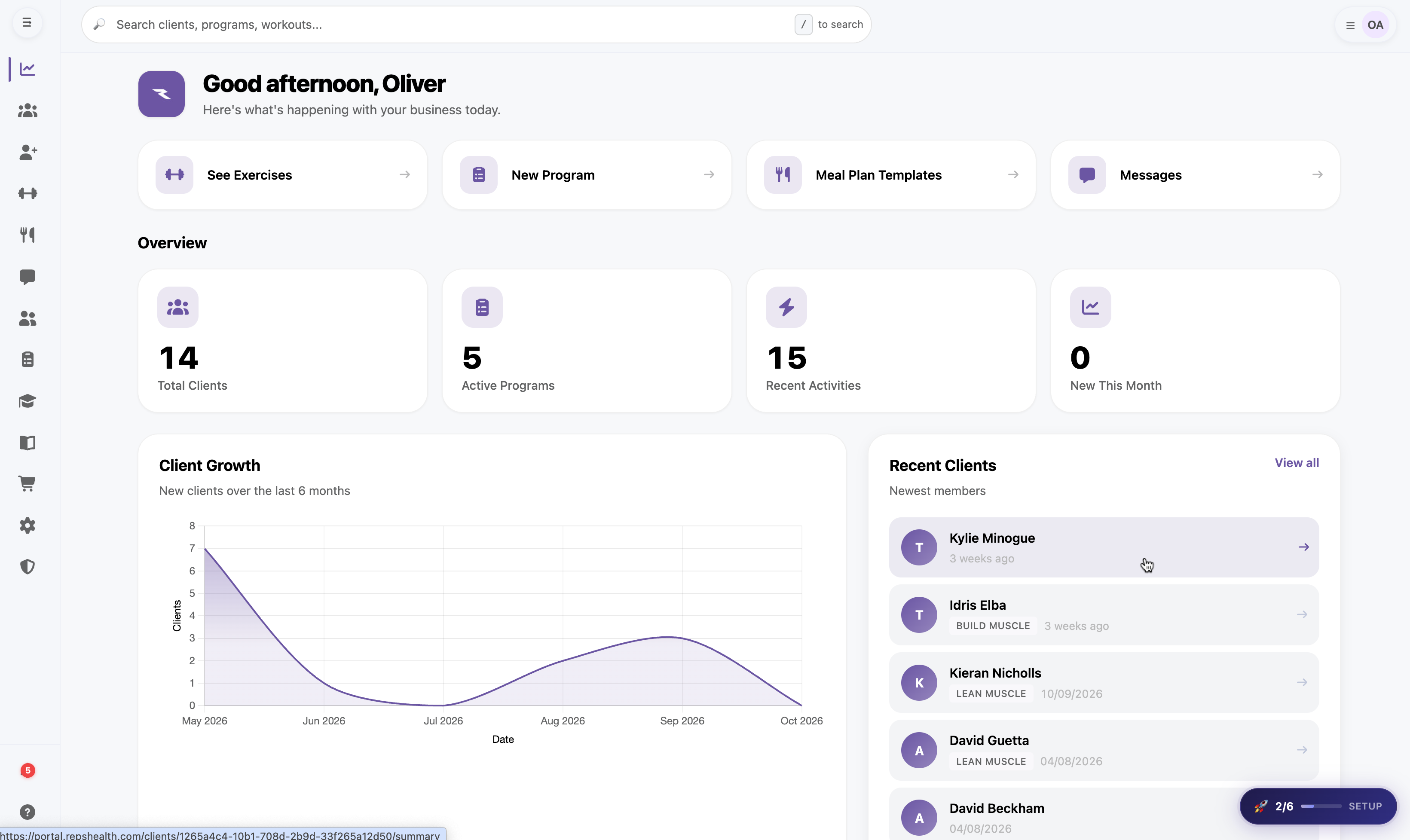 Trainer portal home with client growth and recent clients