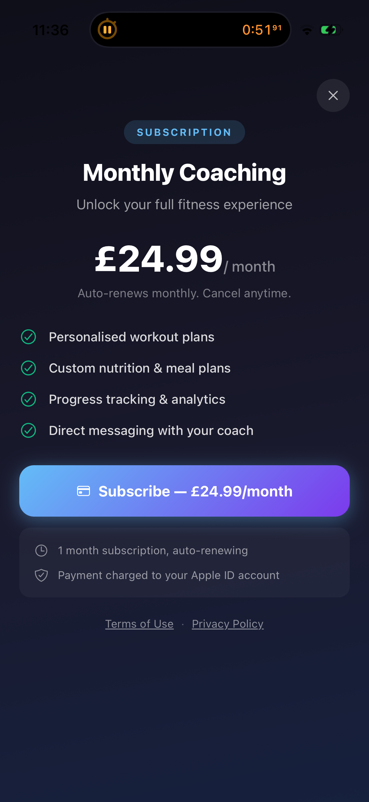 Reps app coaching subscription screen