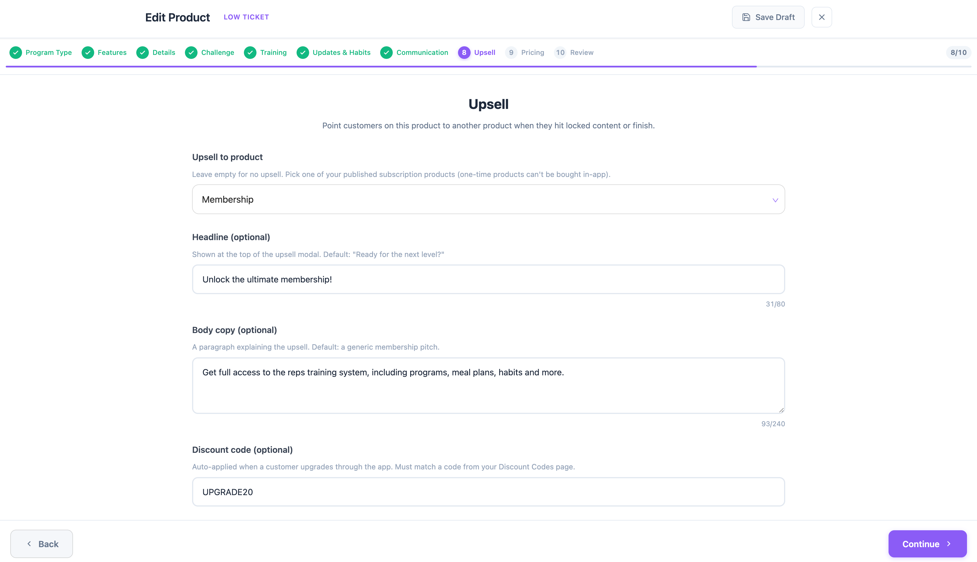 Upsell flow on desktop in the trainer portal