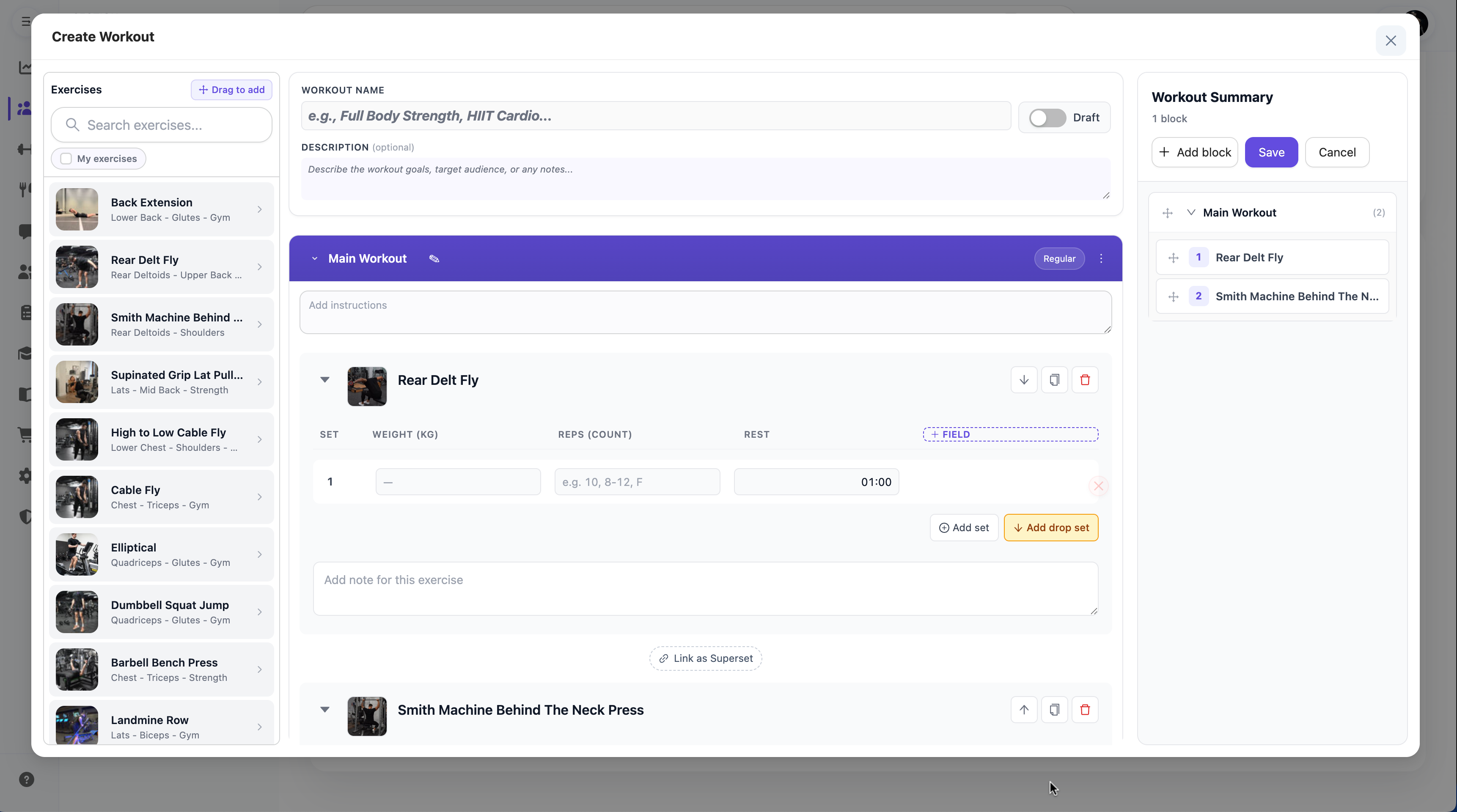 Workout builder in the trainer portal